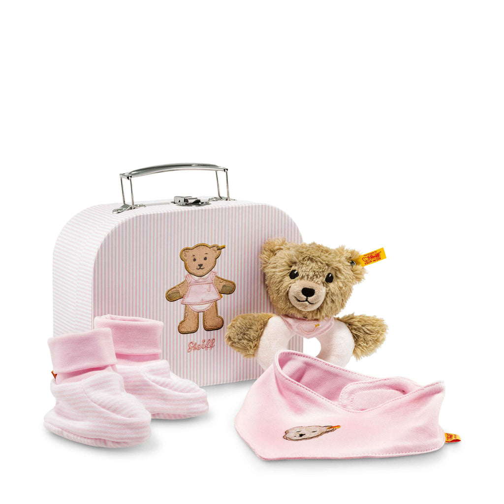 Steiff Sleep well bear grip toy with rattle gift set, Pink 