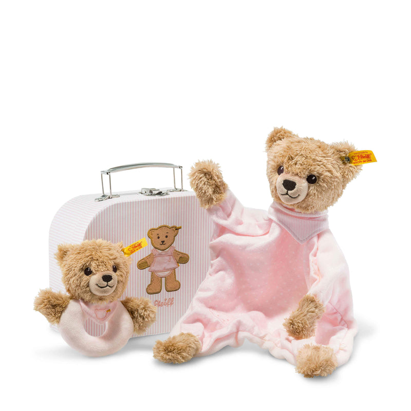 Steiff Sleep well bear comforter and grip toy with rattle gift set, Pink